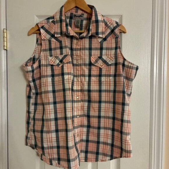 Wrangler Women's Blue Peach Plaid Pearl Snap Buttons Western Country Shirt XL - Picture 1 of 8